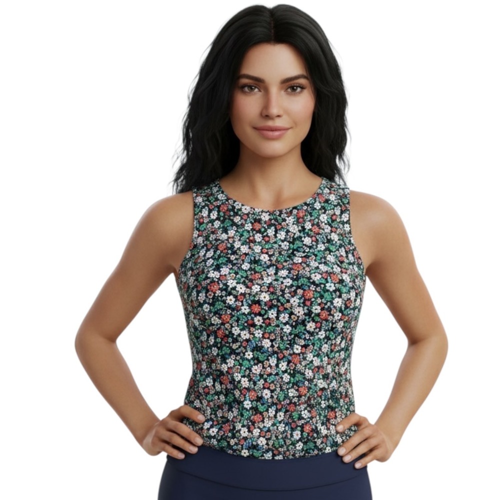 Lands' End Floral High Neck Tankini Swim Top Women's Size 18 Built-In Bra